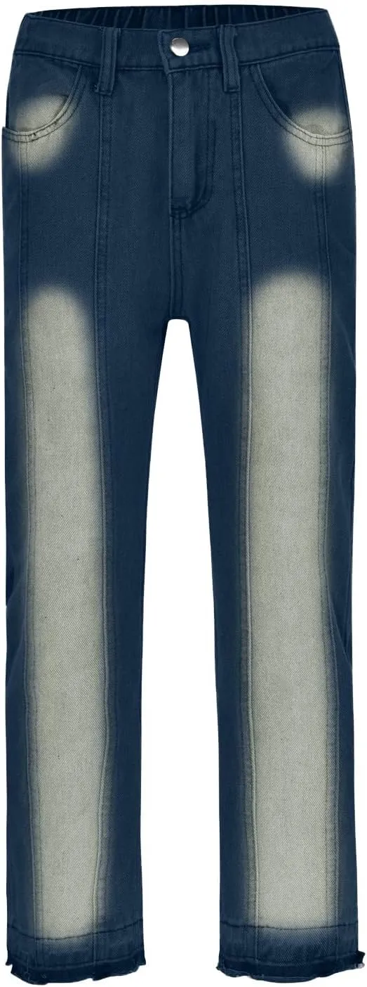 Men's Regular Fit Straight Hole Buckle Zipper Middle Waist Denim Long Pants Trousers Pants Wide Leg Trousers Pants