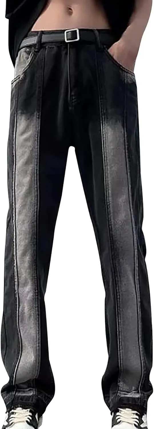 Men's Regular Fit Straight Hole Buckle Zipper Middle Waist Denim Long Pants Trousers Pants Wide Leg Trousers Pants