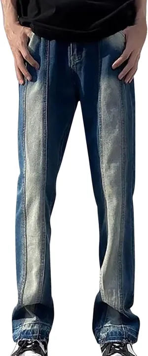 Men's Regular Fit Straight Hole Buckle Zipper Middle Waist Denim Long Pants Trousers Pants Wide Leg Trousers Pants