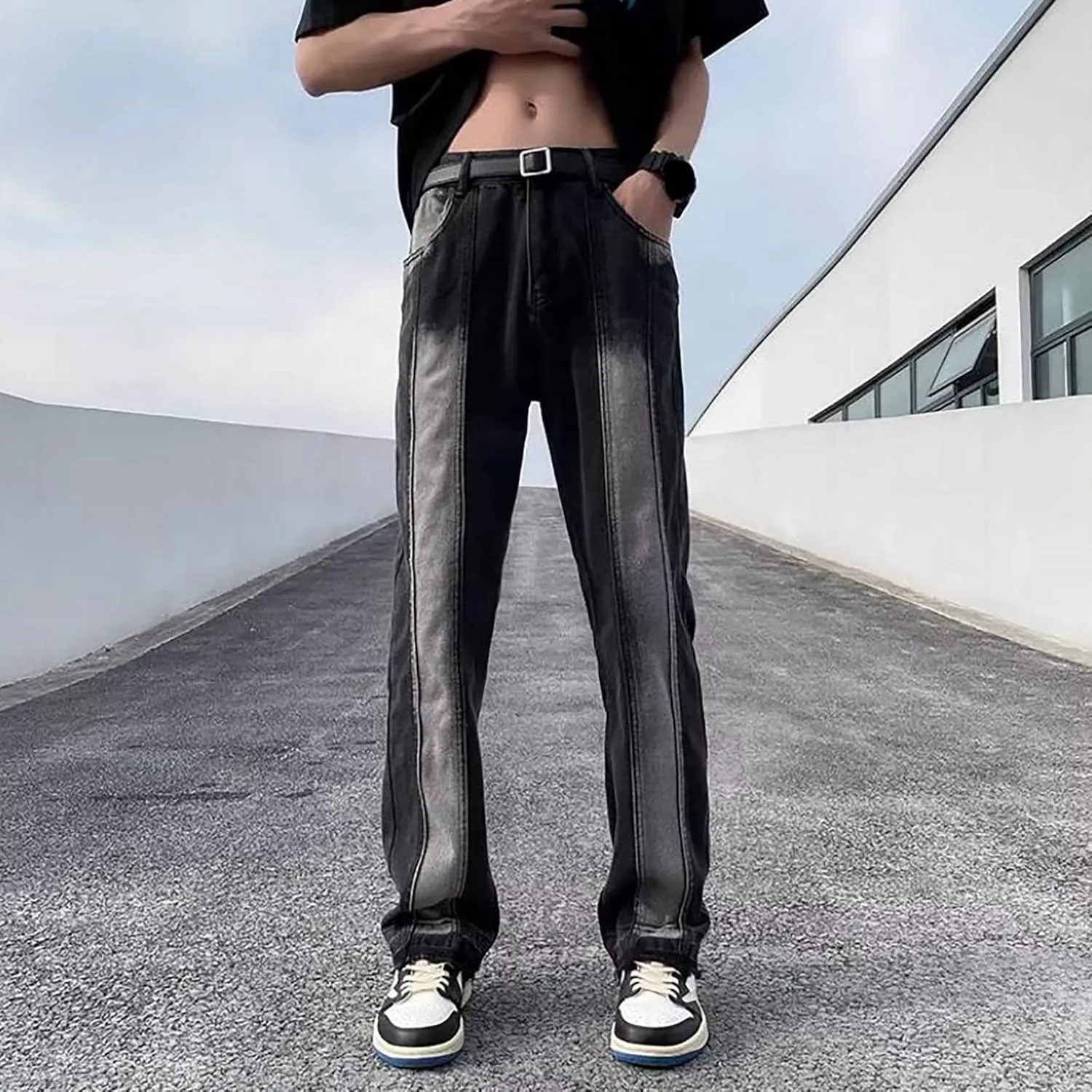Men's Regular Fit Straight Hole Buckle Zipper Middle Waist Denim Long Pants Trousers Pants Wide Leg Trousers Pants