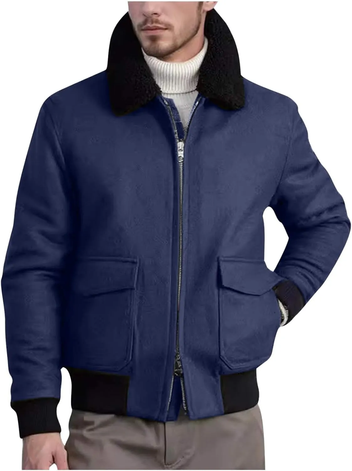 Men's Shearling Sherpa Lined Trucker Bomber Jacket Outwear Full Zip Up Warm Winter Jacket Coats with Faux Fur Collar