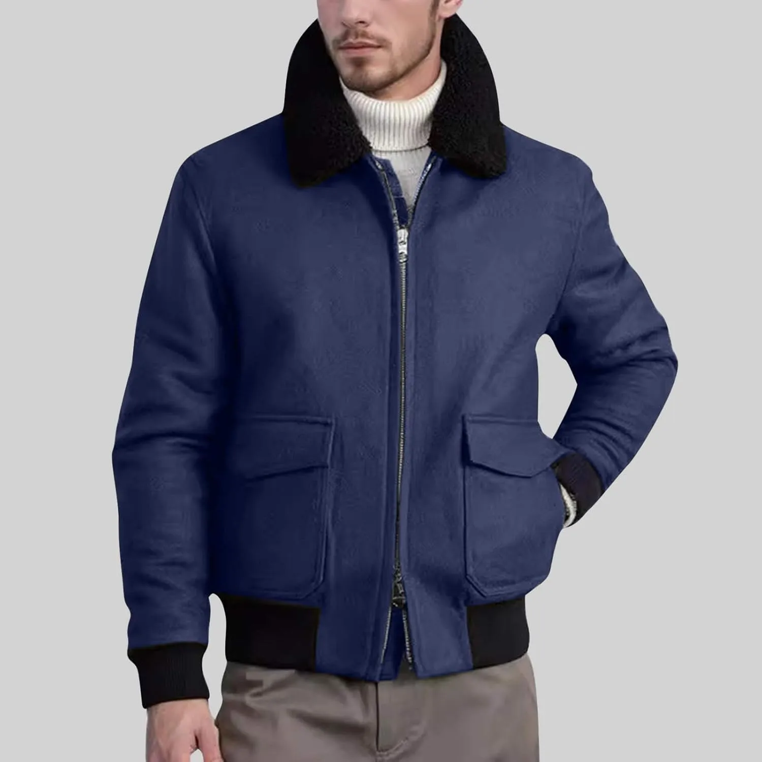 Men's Shearling Sherpa Lined Trucker Bomber Jacket Outwear Full Zip Up Warm Winter Jacket Coats with Faux Fur Collar