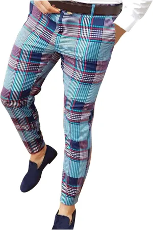 Men's Slim Fit Plaid Pants Skinny Stretch Chinos Elastic Waist Tapered Pencil Trousers Casual Business Work Dress Pants Blue