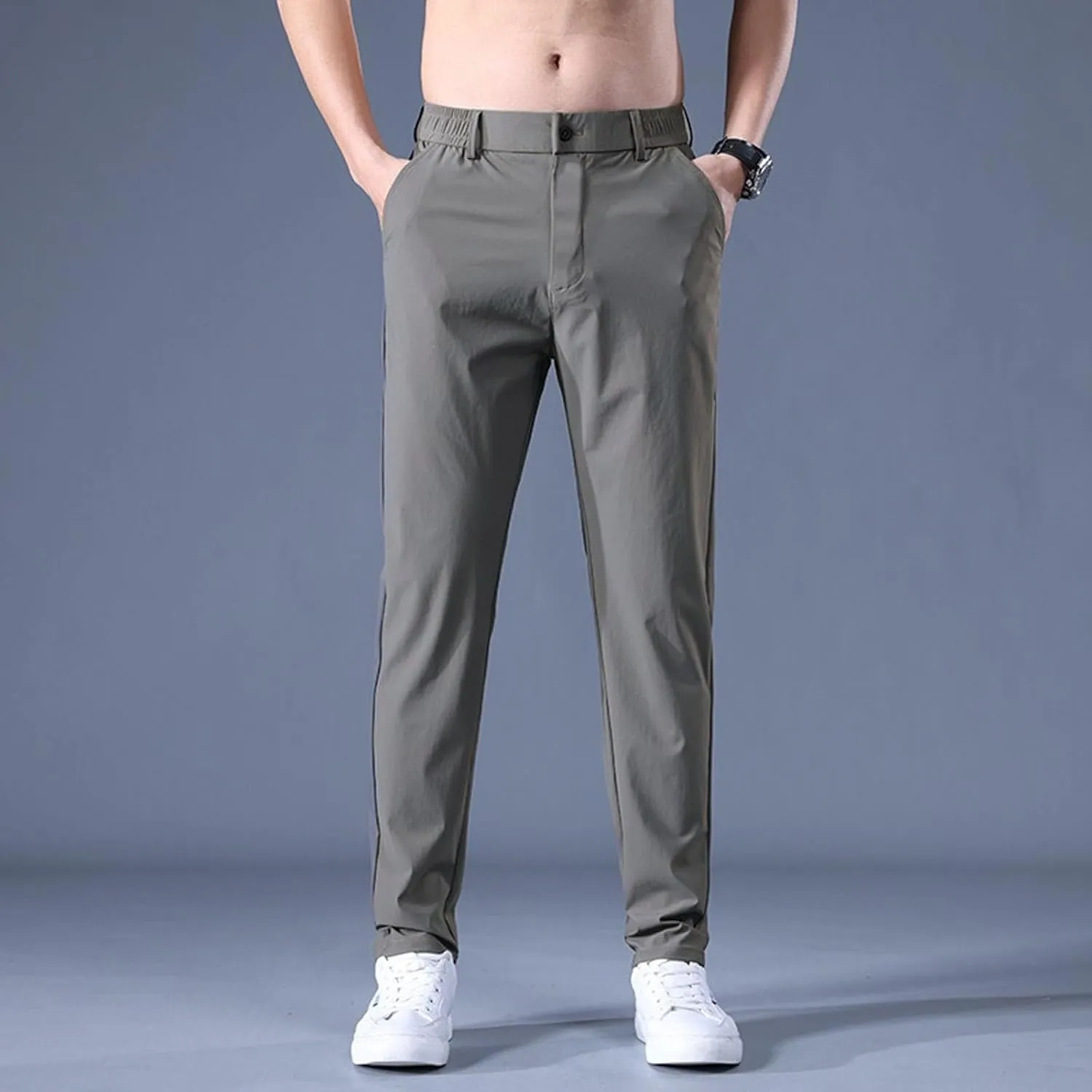 Men's Slim Leg Pants Summer Elastic Waist Pockets Trendy Casual Leisure Style Sport Clothes Comfy Fashion Trousers