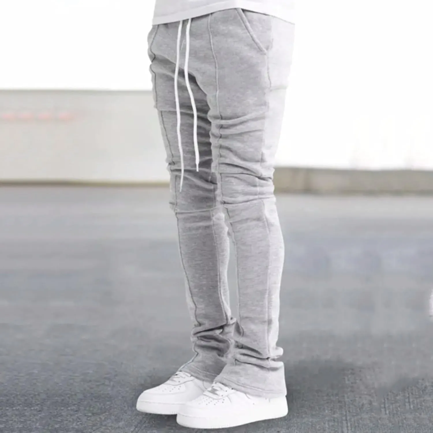 Mens Sports Casual Four Season Long Flared Trousers Slim Fit Tie Elastic Waist Solid Color Comfy Long Training Pants