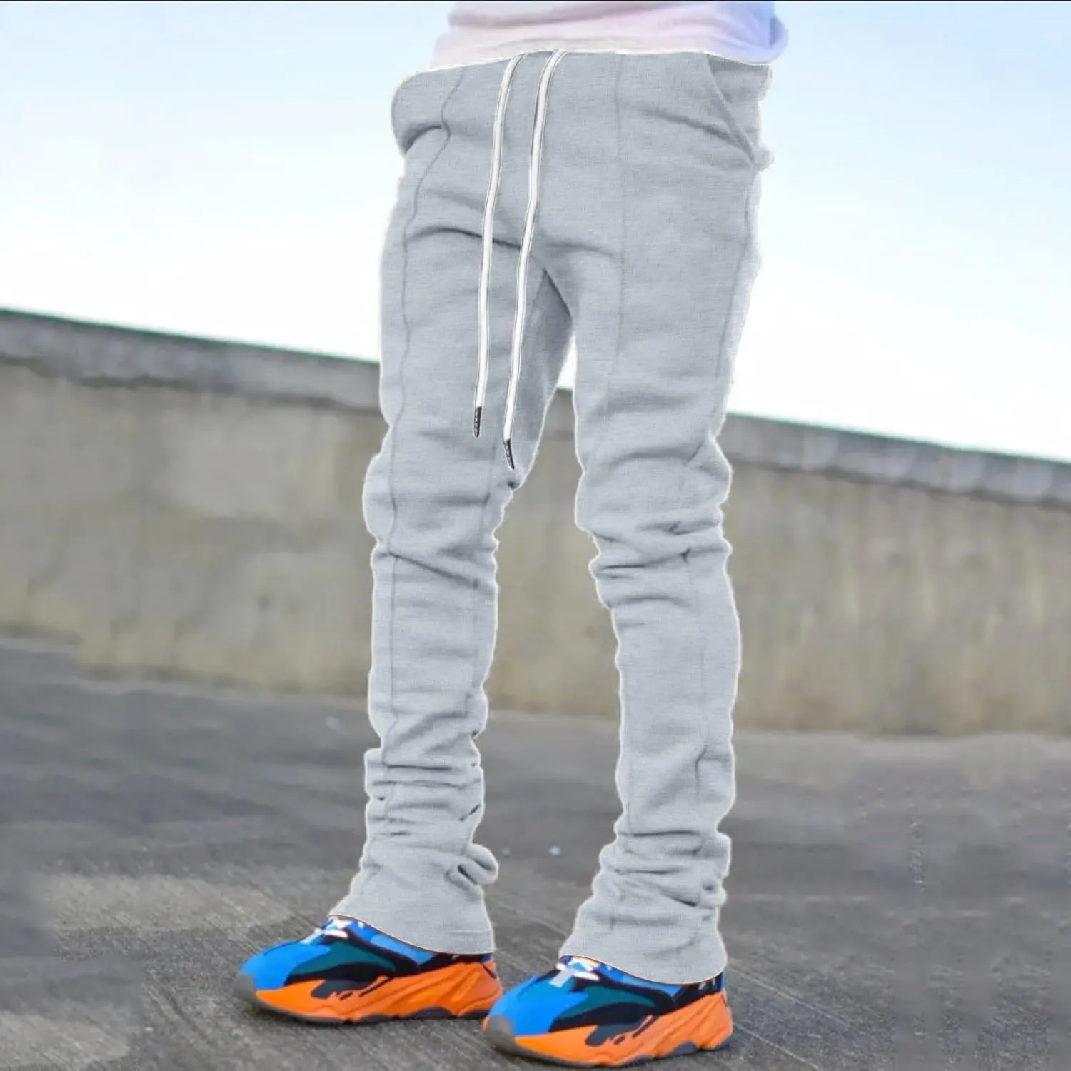 Mens Sports Casual Four Season Long Flared Trousers Slim Fit Tie Elastic Waist Solid Color Comfy Long Training Pants