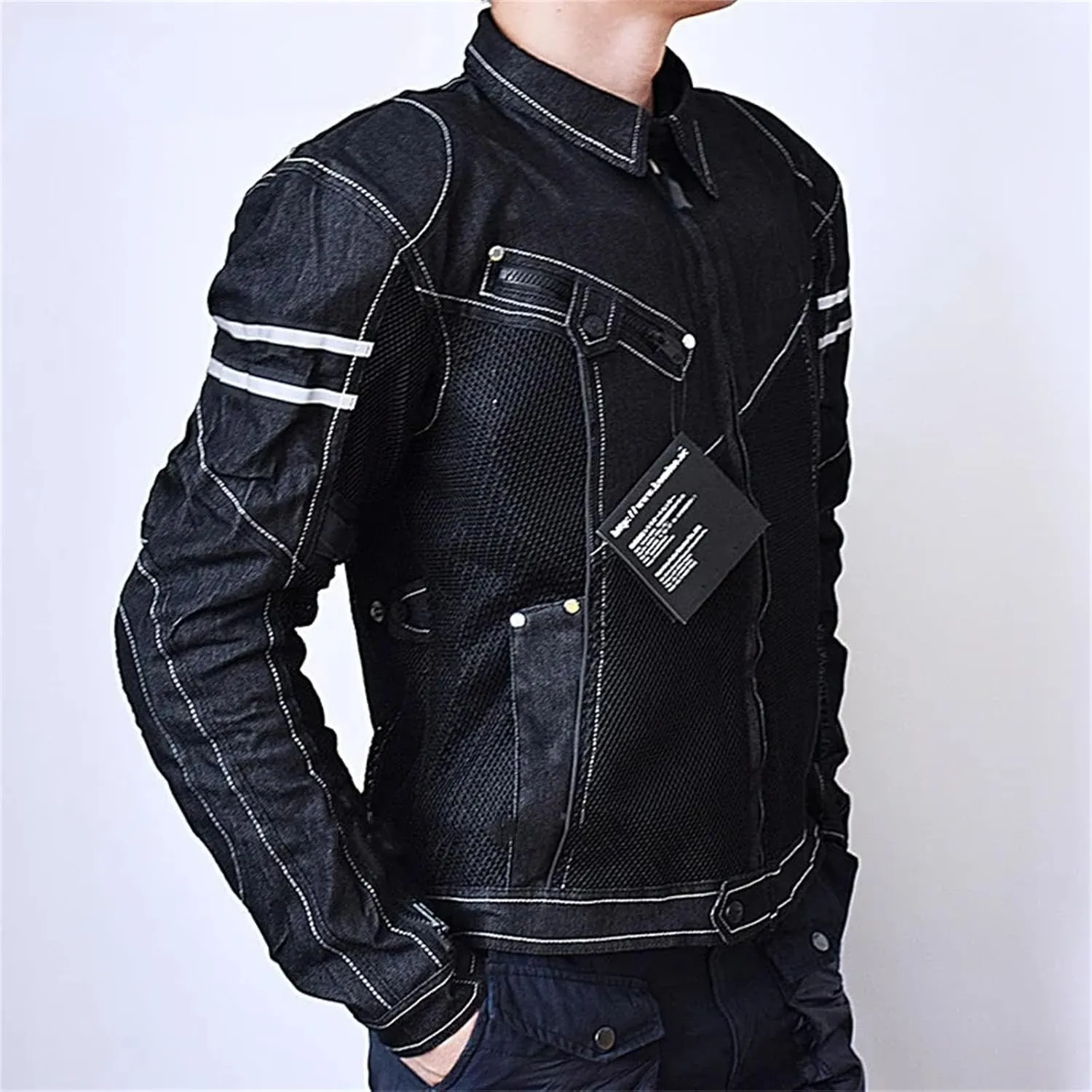Men's Spring Fall Breathable Denim Mesh Racing Ride Biker Jacket Ribbed Hem Motorcycle Jacket