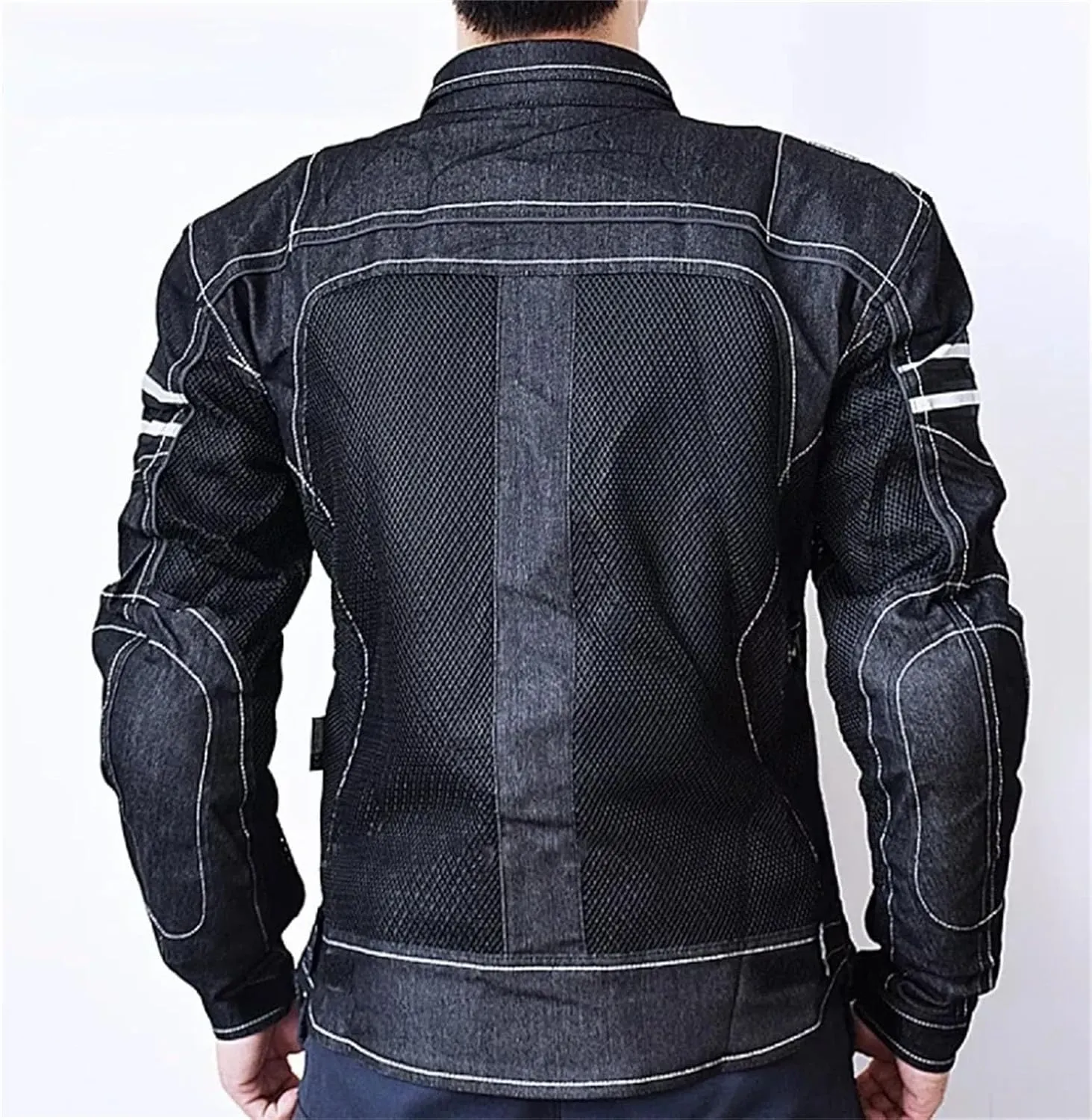 Men's Spring Fall Breathable Denim Mesh Racing Ride Biker Jacket Ribbed Hem Motorcycle Jacket