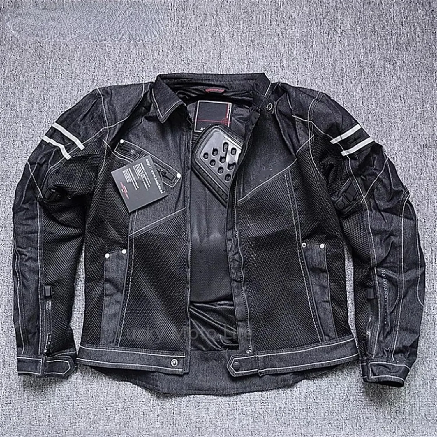 Men's Spring Fall Breathable Denim Mesh Racing Ride Biker Jacket Ribbed Hem Motorcycle Jacket