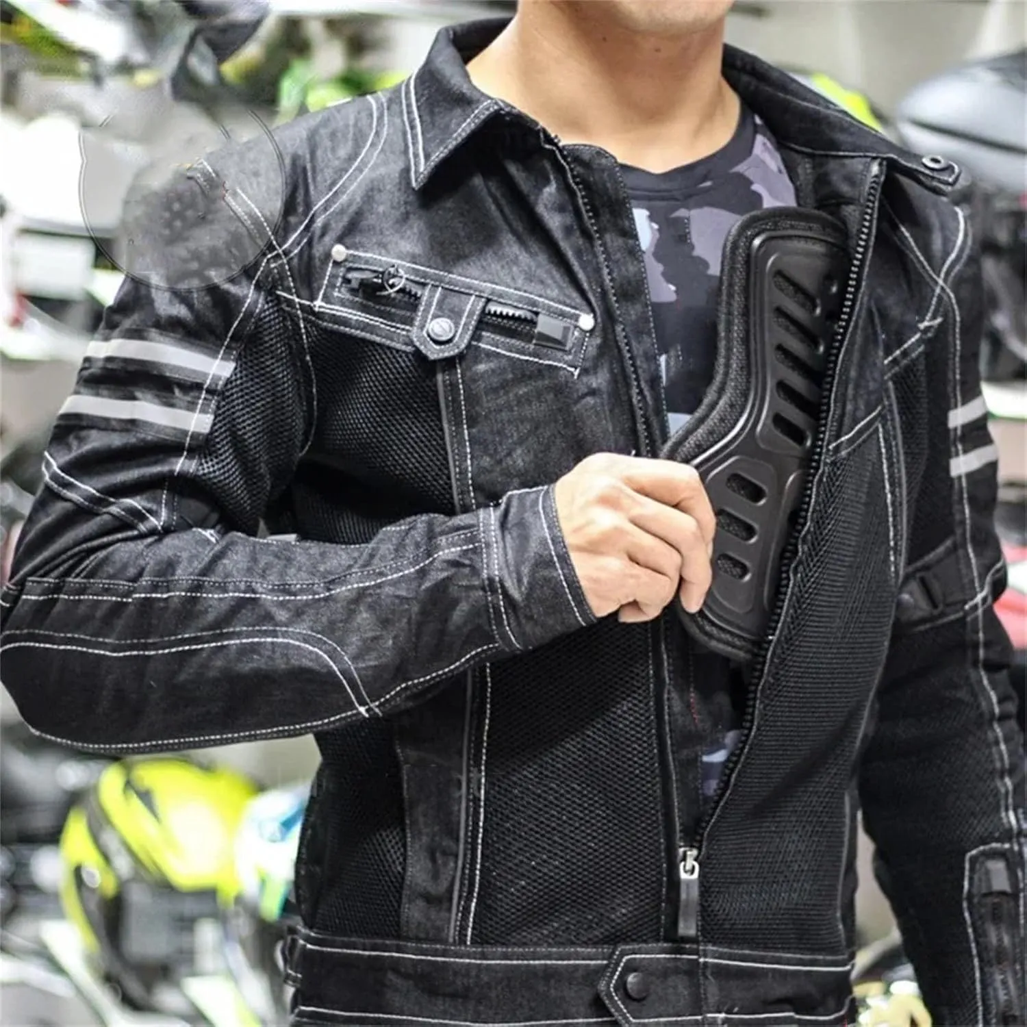 Men's Spring Fall Breathable Denim Mesh Racing Ride Biker Jacket Ribbed Hem Motorcycle Jacket