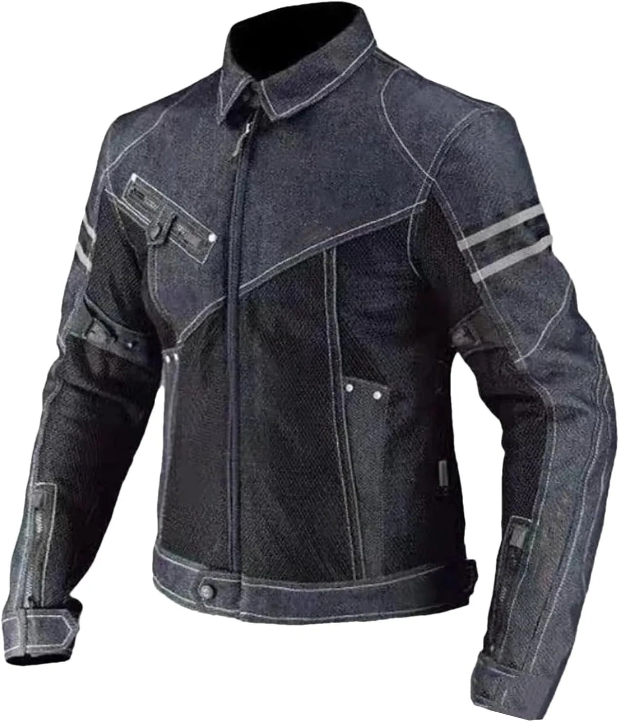 Men's Spring Fall Breathable Denim Mesh Racing Ride Biker Jacket Ribbed Hem Motorcycle Jacket