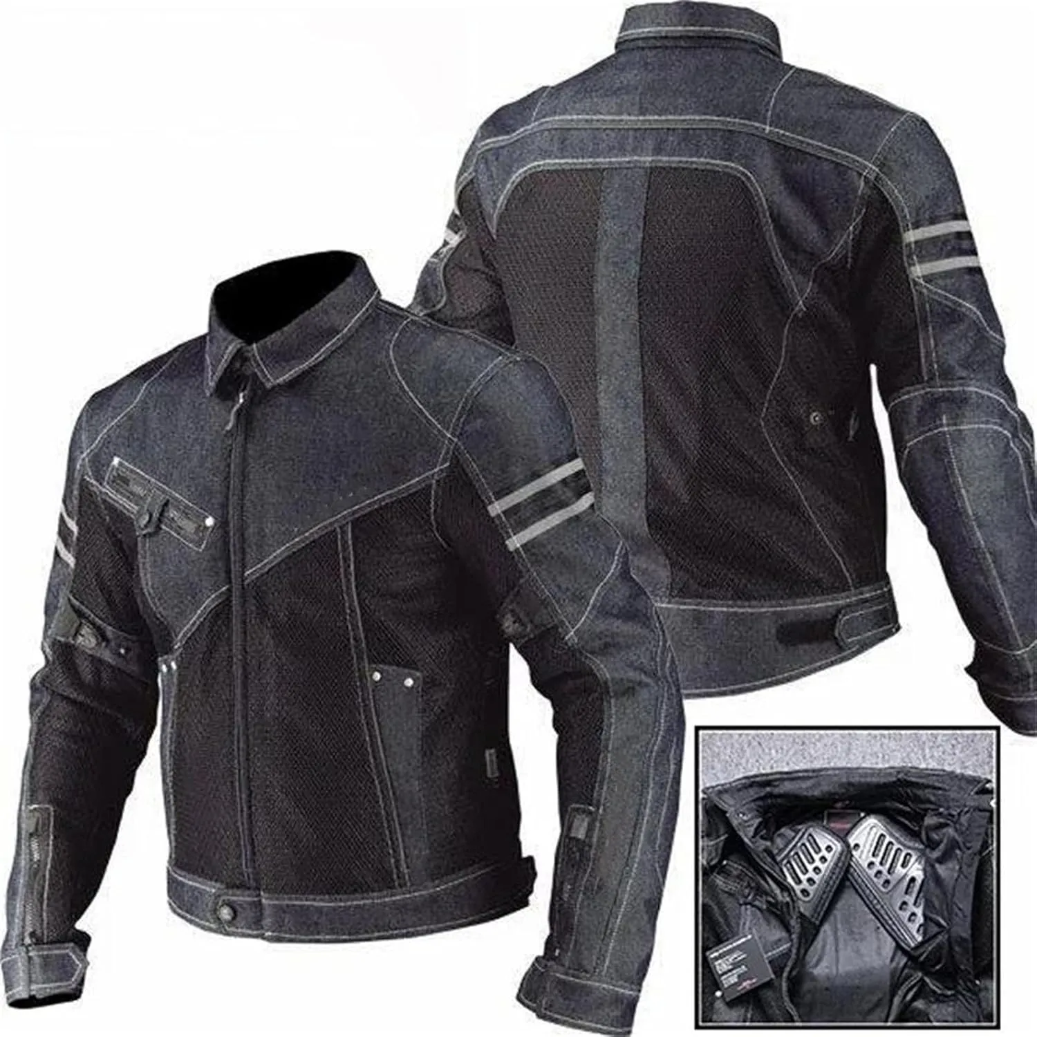 Men's Spring Fall Breathable Denim Mesh Racing Ride Biker Jacket Ribbed Hem Motorcycle Jacket