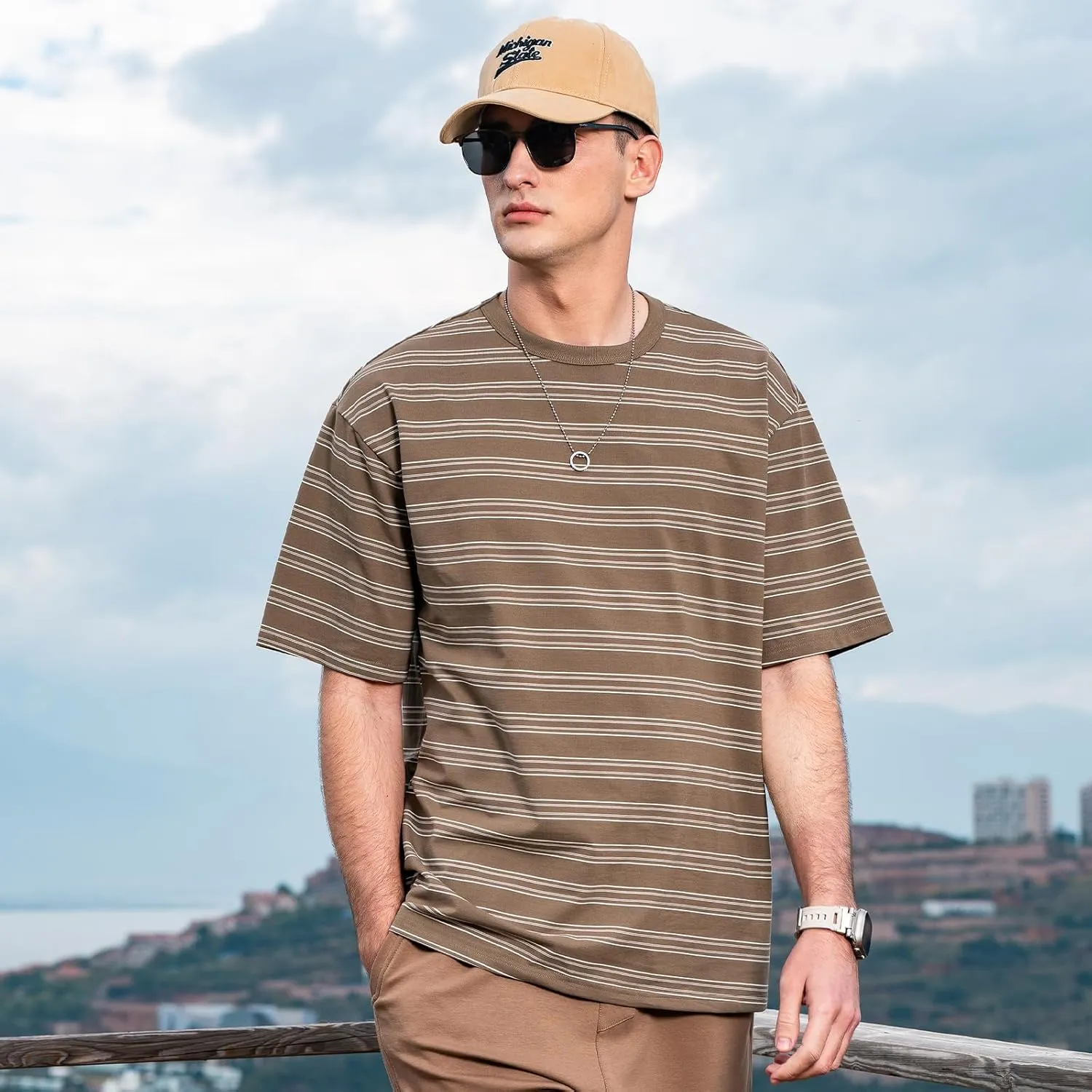 Men's Stripe Short Sleeve T-Shirt Mens Classic Casual Stripe Loose Shirts