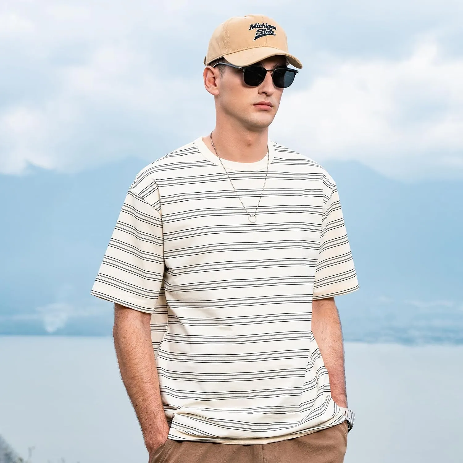 Men's Stripe Short Sleeve T-Shirt Mens Classic Casual Stripe Loose Shirts