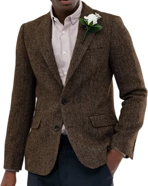 Men's Suit Herringbone Tweed Blazer Slim Fit Tuxedo Sports Jacket Coat Casual Suit Jacket Wool Blend Blazer