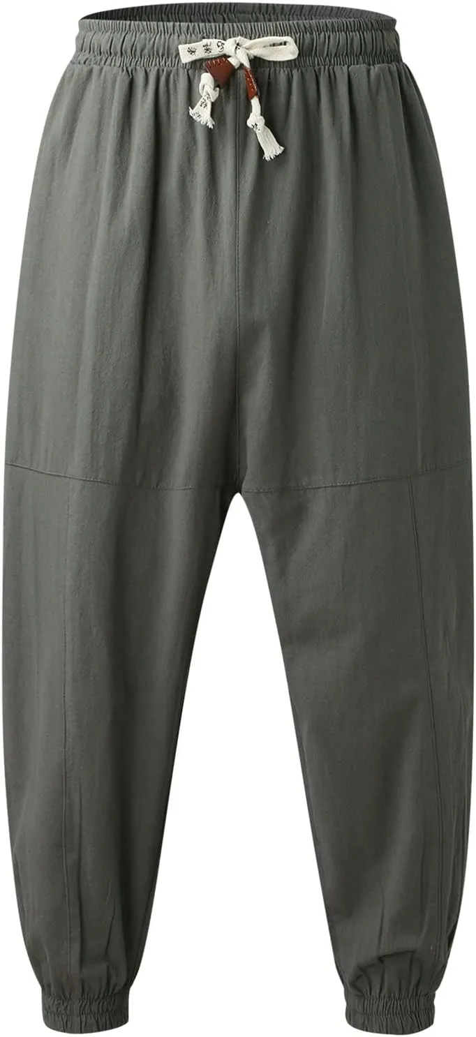 Men's Summer Pants Solid Color Elastic Waist Drawstring Pocket Slim Leg Casual Athletic Sport Clothes Fresh Trousers