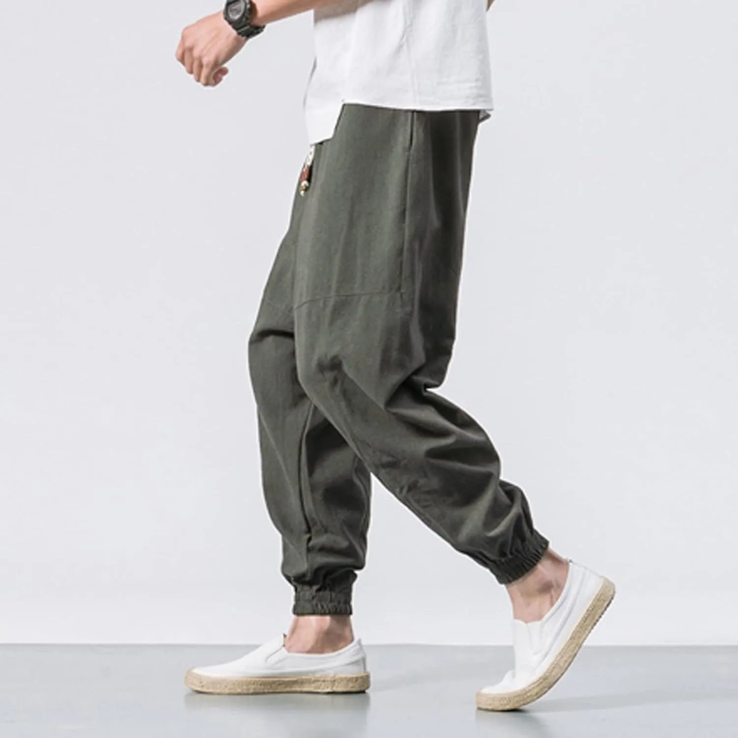 Men's Summer Pants Solid Color Elastic Waist Drawstring Pocket Slim Leg Casual Athletic Sport Clothes Fresh Trousers