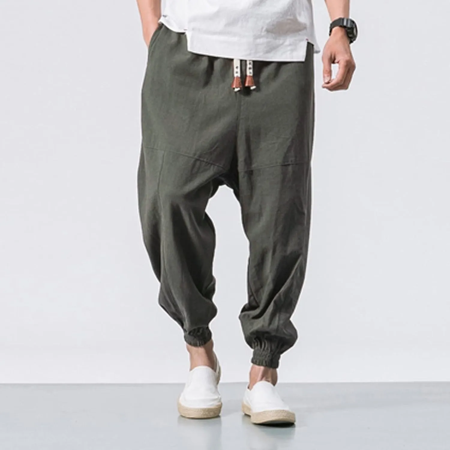 Men's Summer Pants Solid Color Elastic Waist Drawstring Pocket Slim Leg Casual Athletic Sport Clothes Fresh Trousers