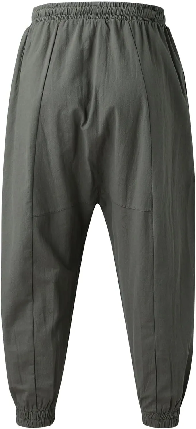 Men's Summer Pants Solid Color Elastic Waist Drawstring Pocket Slim Leg Casual Athletic Sport Clothes Fresh Trousers