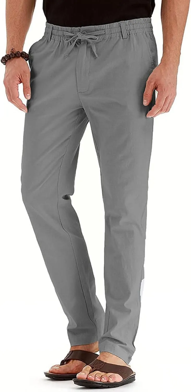 Men's Summer Pants Solid Color Elastic Waist Drawstring Pocket Slim Leg Comfortable Soft Fit Summer Trendy Trousers