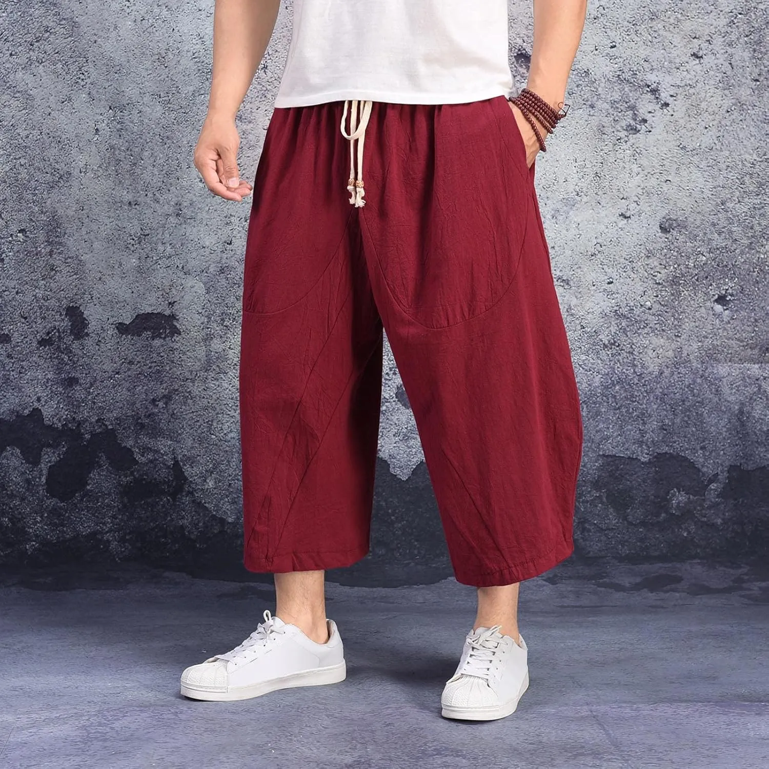 Men's Summer Pants Solid Color Elastic Waist Drawstring Pocket Wide Leg Fashion Leisure Style Summer Cute Trousers