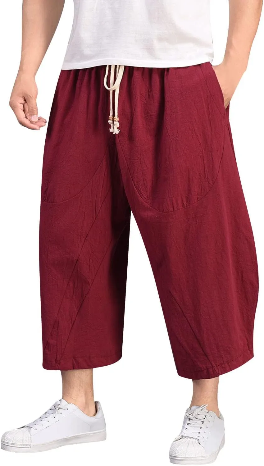 Men's Summer Pants Solid Color Elastic Waist Drawstring Pocket Wide Leg Fashion Leisure Style Summer Cute Trousers