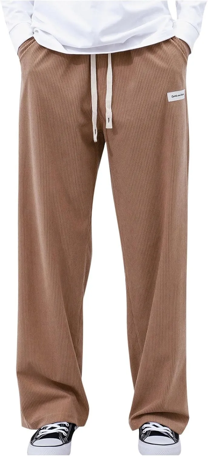 Men's Summer Pants Solid Color Elastic Waist Drawstring Pocket Wide Leg Fashion Loose Sport Clothes Cute Trousers