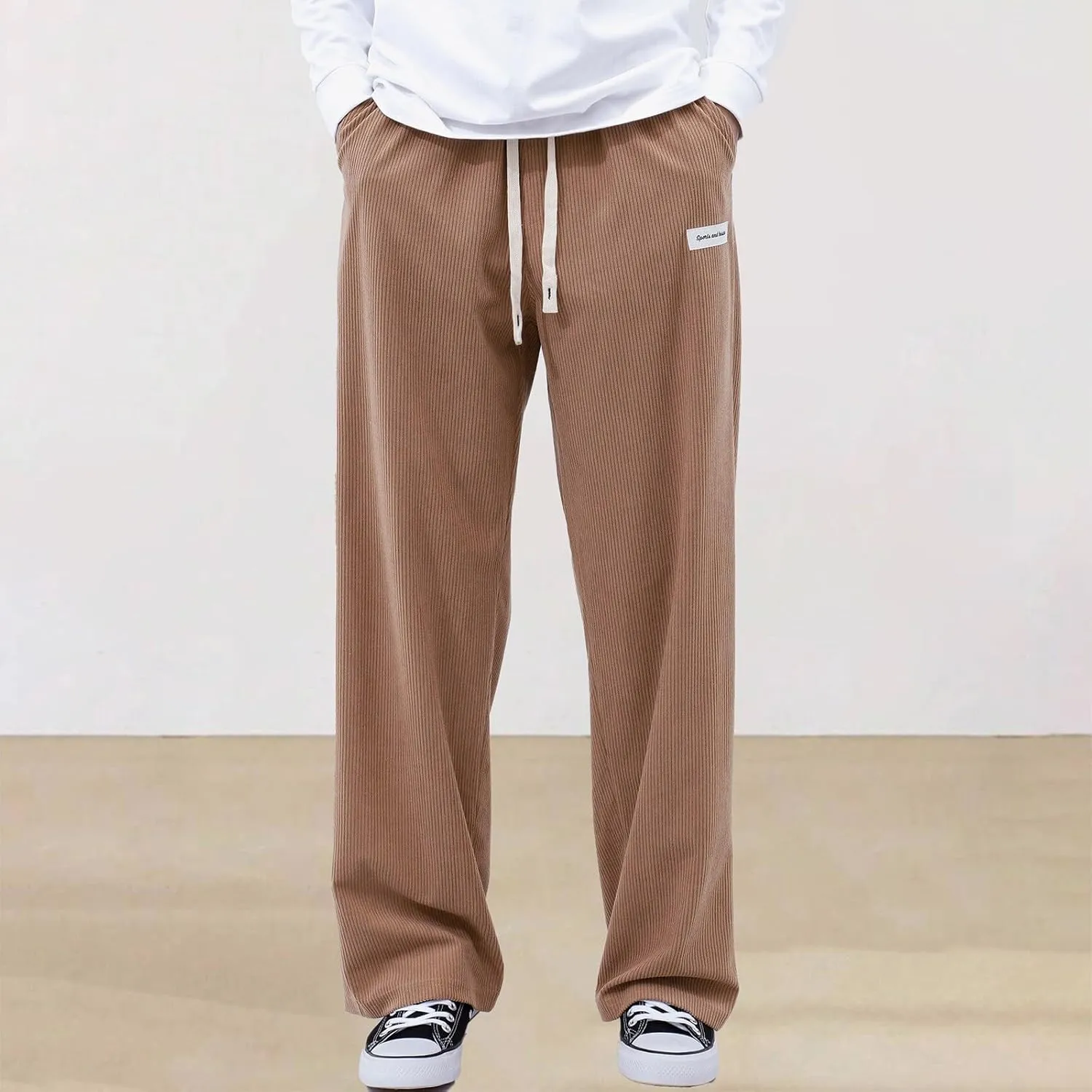 Men's Summer Pants Solid Color Elastic Waist Drawstring Pocket Wide Leg Fashion Loose Sport Clothes Cute Trousers