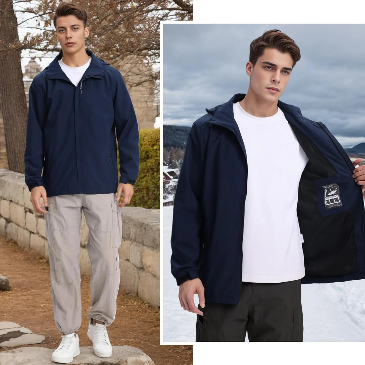 Men's Waterproof Lightweight Rain Jacket Removable Hooded Windbreaker Raincoat Outdoor Windproof Casual Jacket