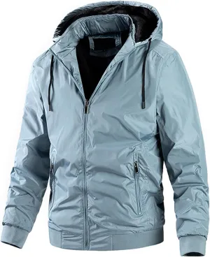 Mens Windproof Bomber Jacket Casual Slim Fit Hooded Windbreaker Jacket Windproof Full Zip Up with Zipper Stand Collar Jacket