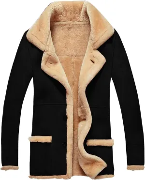 Mens Winter Coats Long Trench Coat, Sherpa Fleece Lined Pea Coat, Heavyweight Faux Suede Fur Jacket with Lapel