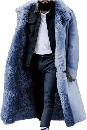 Mens Winter Long Trench Coat with Sherpa Lining Faux Leather Shearling Jacket Fur Collar Sheepskin Fleece for Cold