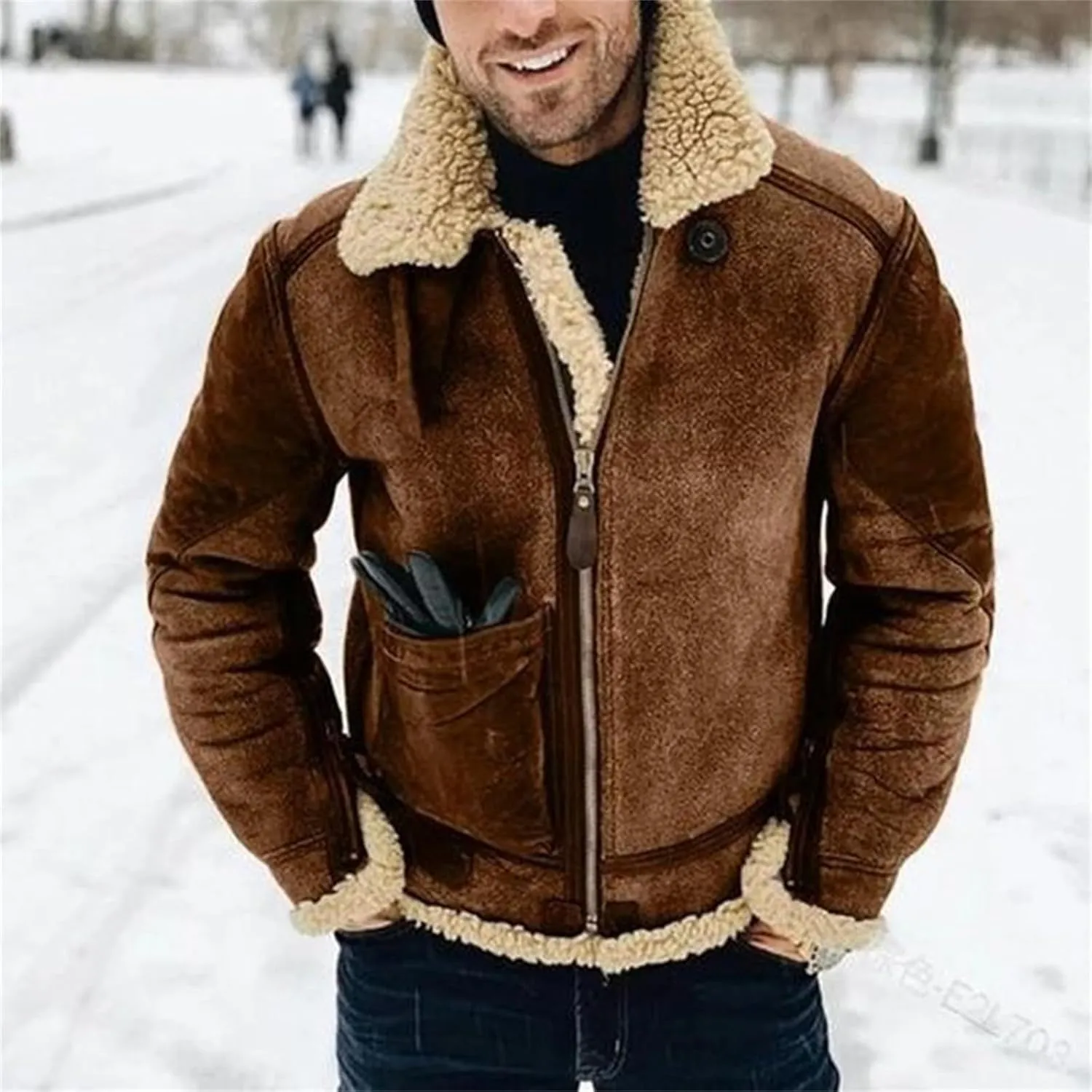 Mens Winter Warm Faux Suede Jackets Sherpa Lined Outerwear Full Zip Coats with Pockets Heavyweight Trench Coat