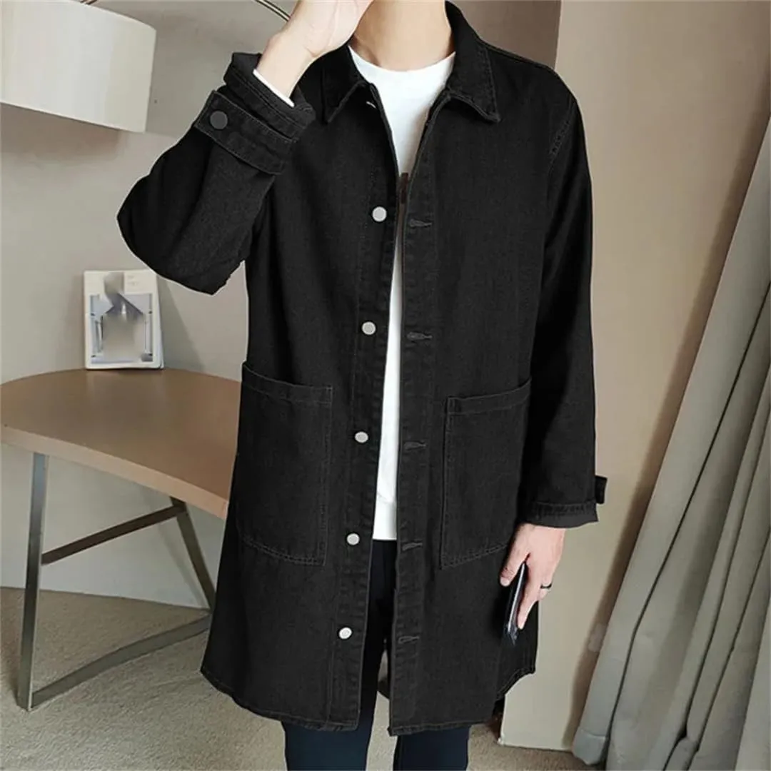 Mid-Length Denim Windbreaker Jacket Men Spring Autumn Casual Trench Coat Fashion Solid Wild Loose Outerwear
