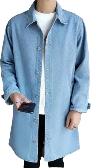 Mid-Length Denim Windbreaker Jacket Men Spring Autumn Casual Trench Coat Fashion Solid Wild Loose Outerwear