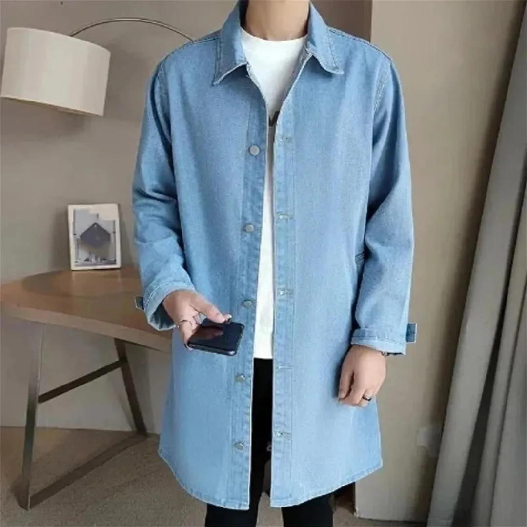 Mid-Length Denim Windbreaker Jacket Men Spring Autumn Casual Trench Coat Fashion Solid Wild Loose Outerwear