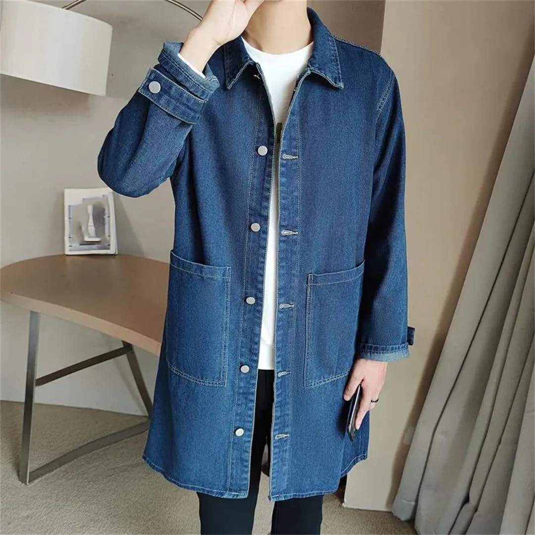 Mid-Length Denim Windbreaker Jacket Men Spring Autumn Casual Trench Coat Fashion Solid Wild Loose Outerwear