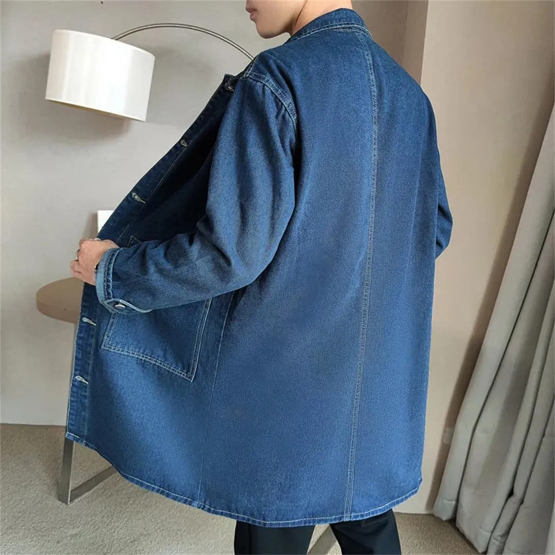 Mid-Length Denim Windbreaker Jacket Men Spring Autumn Casual Trench Coat Fashion Solid Wild Loose Outerwear