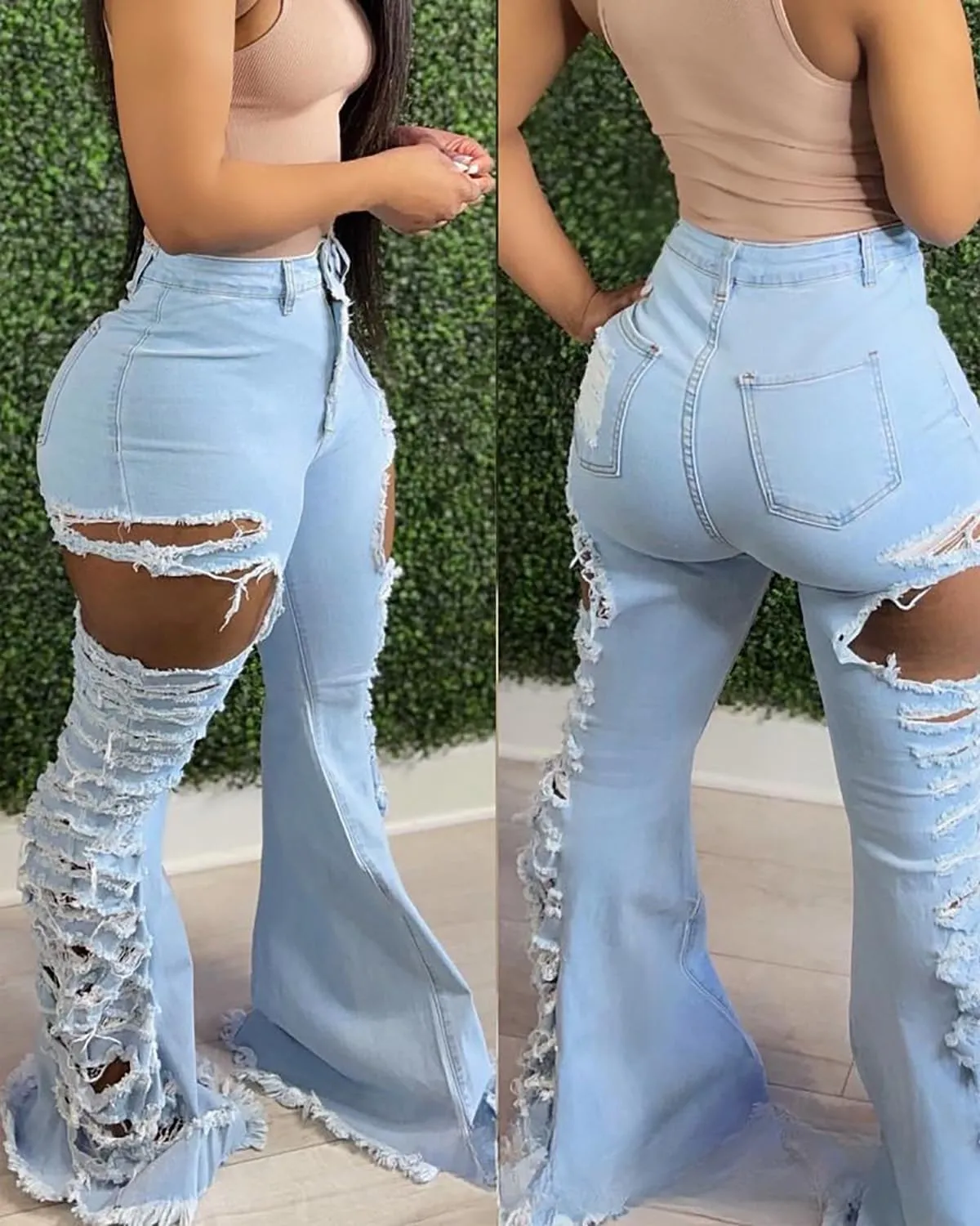 Molisry Women's Ripped Jeans High Waisted Destroyed Skinny Distressed Wide Leg Bell Bottom Flared Denim Pants Streetwear