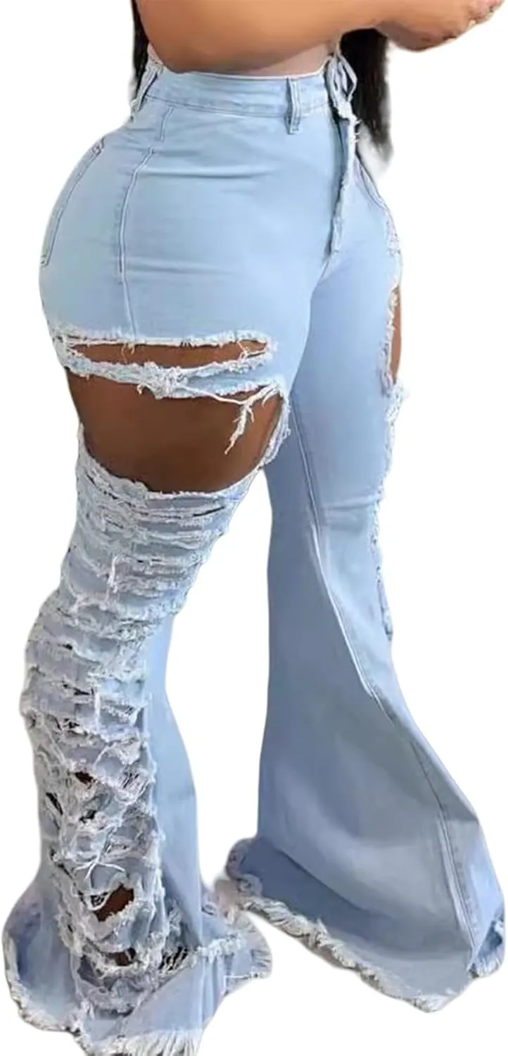 Molisry Women's Ripped Jeans High Waisted Destroyed Skinny Distressed Wide Leg Bell Bottom Flared Denim Pants Streetwear