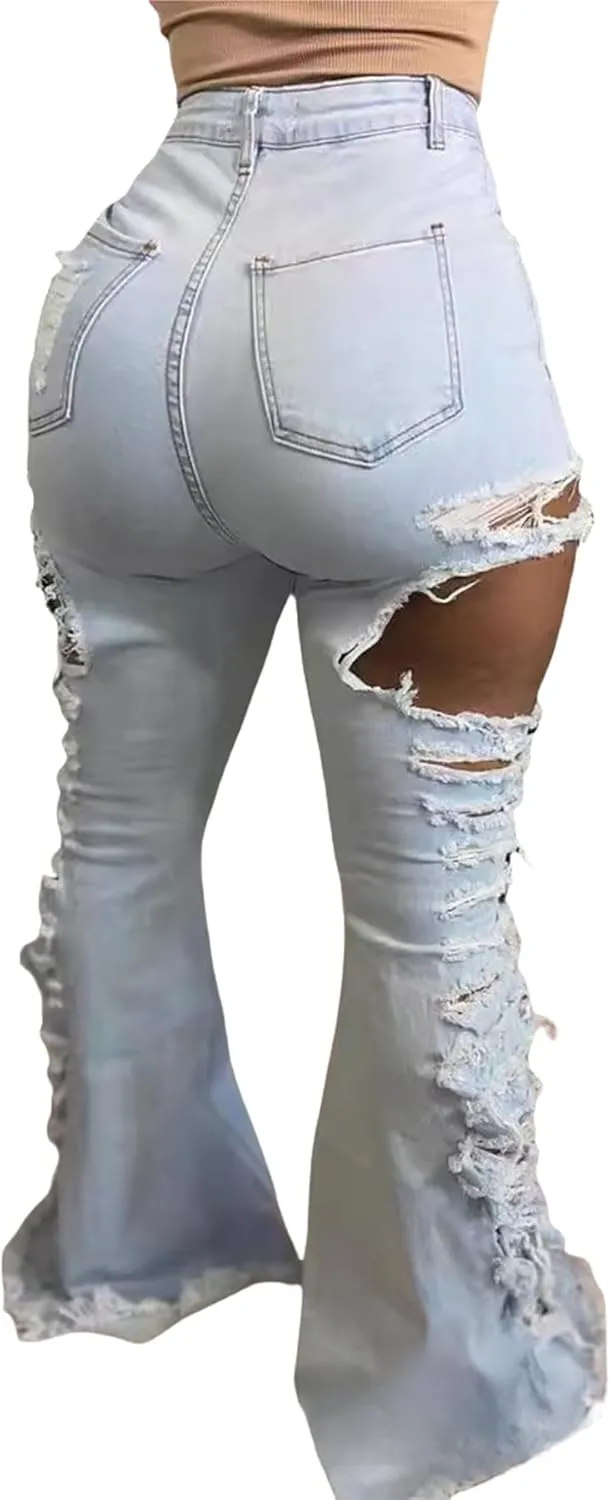 Molisry Women's Ripped Jeans High Waisted Destroyed Skinny Distressed Wide Leg Bell Bottom Flared Denim Pants Streetwear