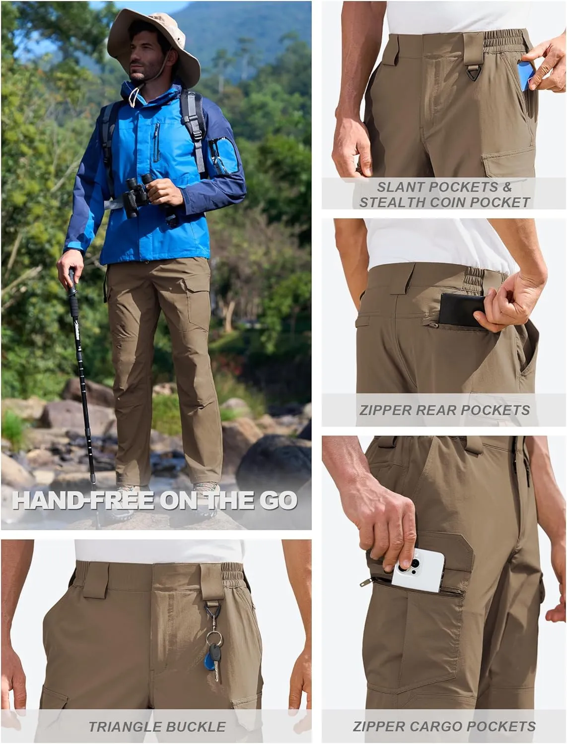 MOURCE Men's Lightweight Hiking Pants Quick Dry - Water Resistant Outdoor Cargo Pants for Men 7 Pockets