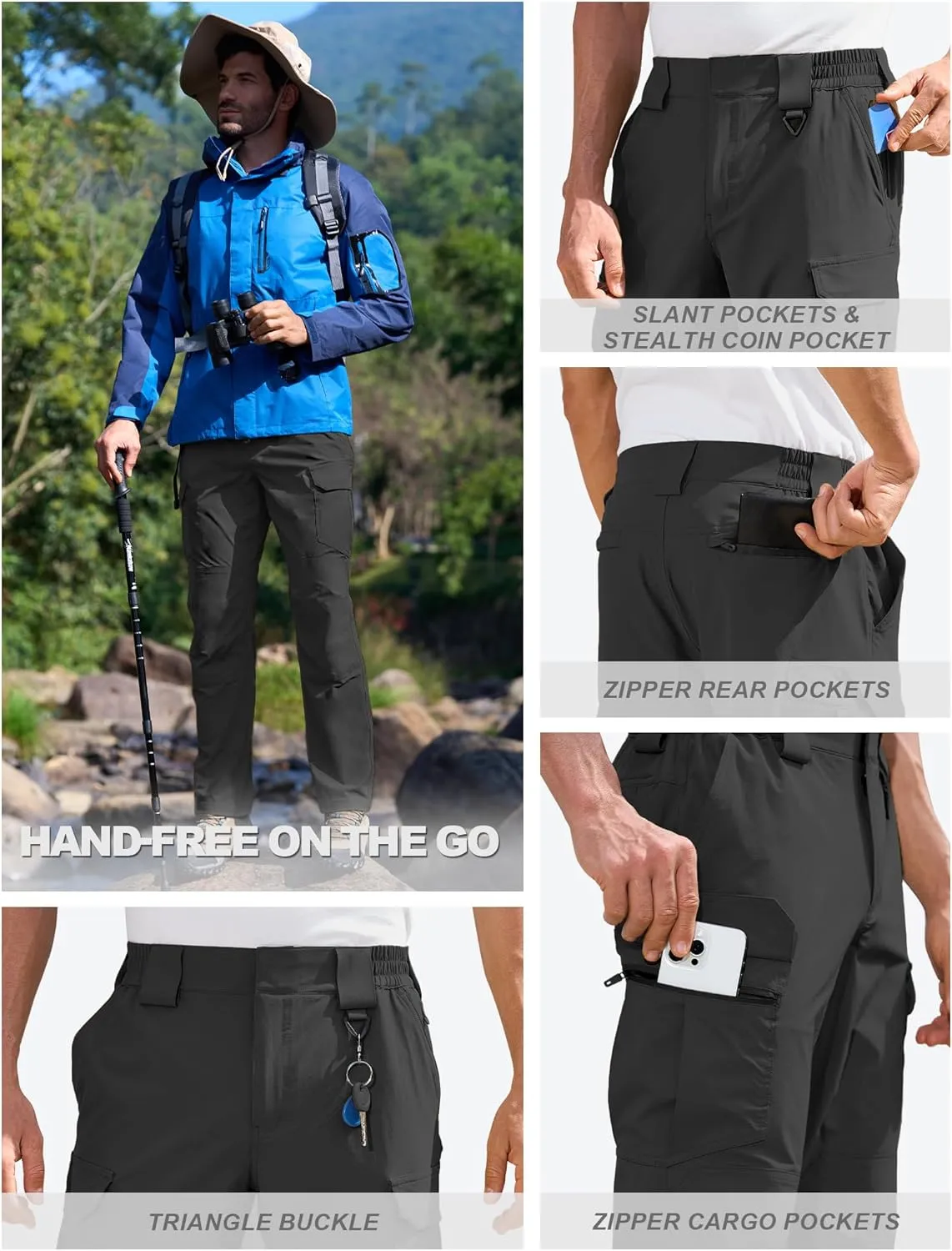 MOURCE Men's Lightweight Hiking Pants Quick Dry - Water Resistant Outdoor Cargo Pants for Men 7 Pockets