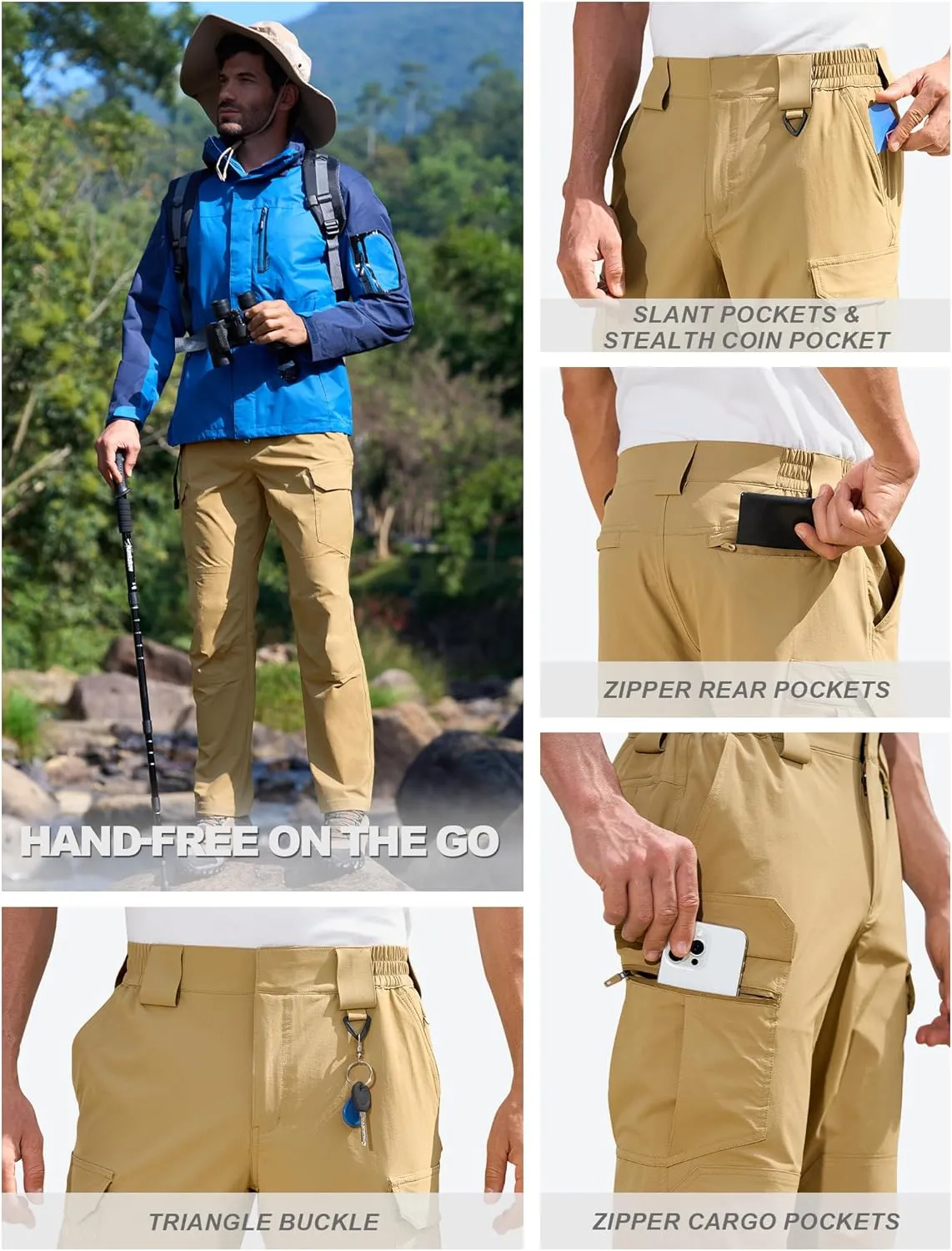 MOURCE Men's Lightweight Hiking Pants Quick Dry - Water Resistant Outdoor Cargo Pants for Men 7 Pockets