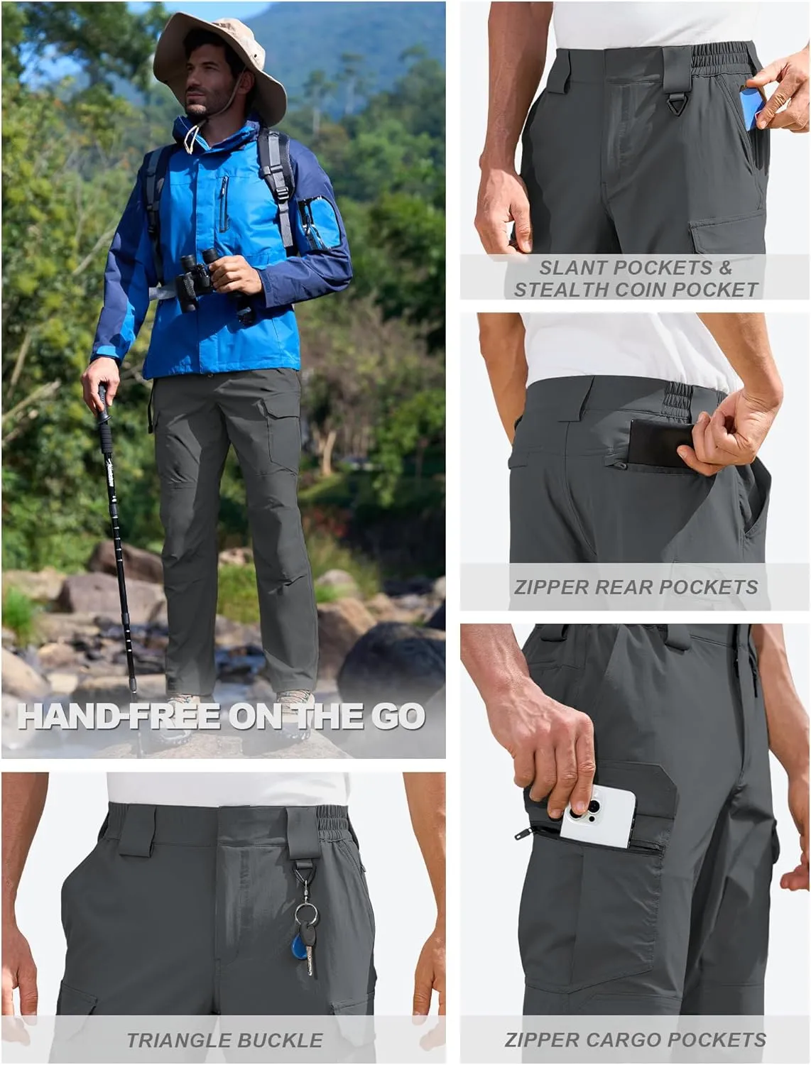 MOURCE Men's Lightweight Hiking Pants Quick Dry - Water Resistant Outdoor Cargo Pants for Men 7 Pockets