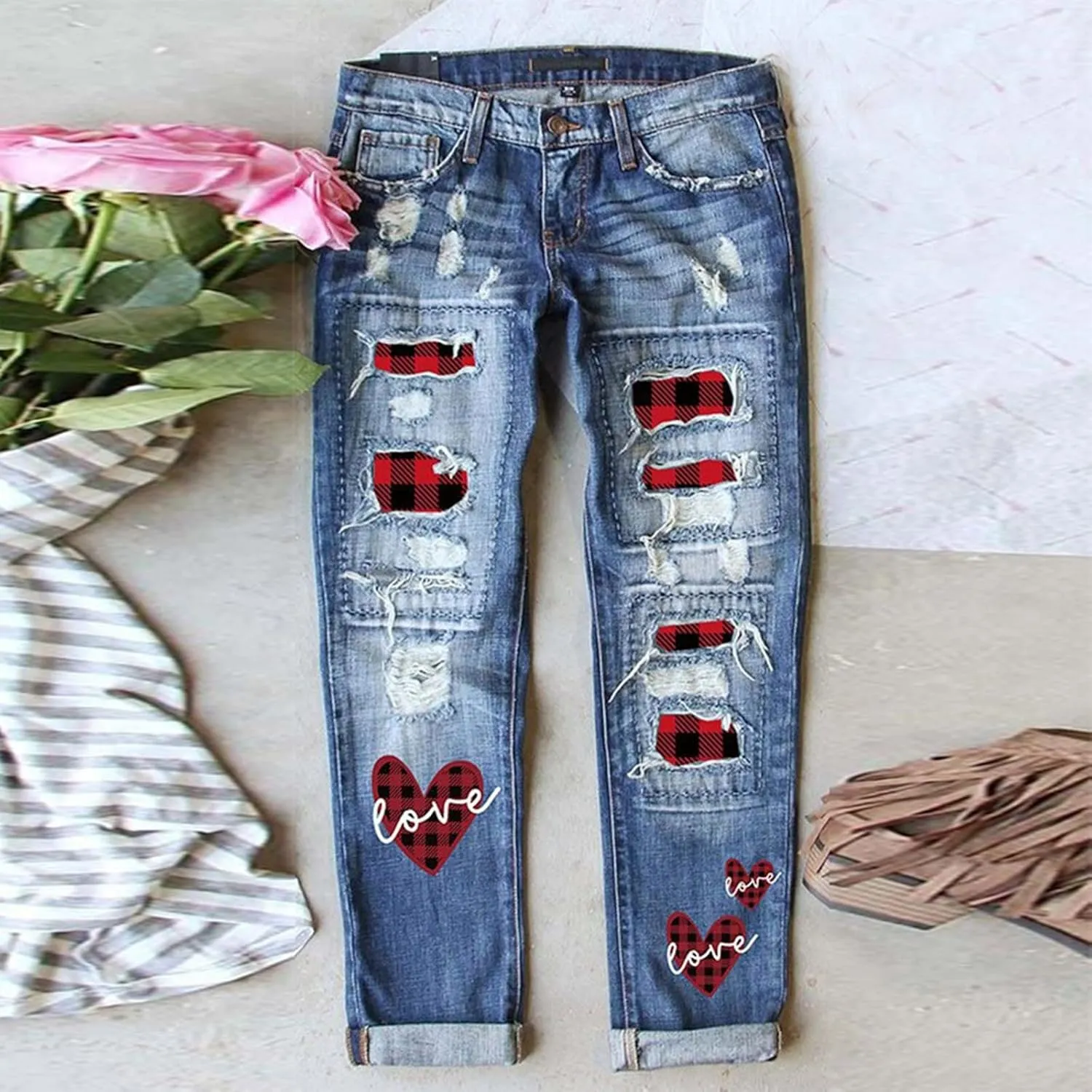 Muyise Boyfriend Jeans for Women Patchwork Distressed Casual Ripped Jeans Stretch Straight Leg Denim Trousers with Pockets