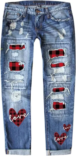 Muyise Boyfriend Jeans for Women Patchwork Distressed Casual Ripped Jeans Stretch Straight Leg Denim Trousers with Pockets