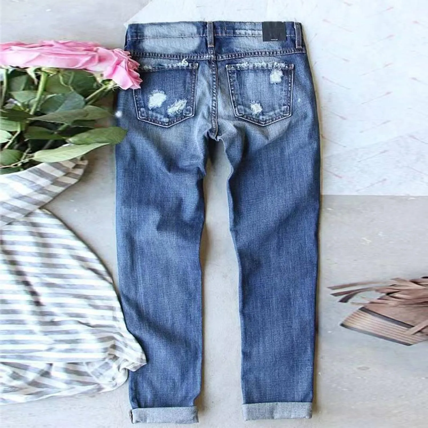 Muyise Boyfriend Jeans for Women Patchwork Distressed Casual Ripped Jeans Stretch Straight Leg Denim Trousers with Pockets