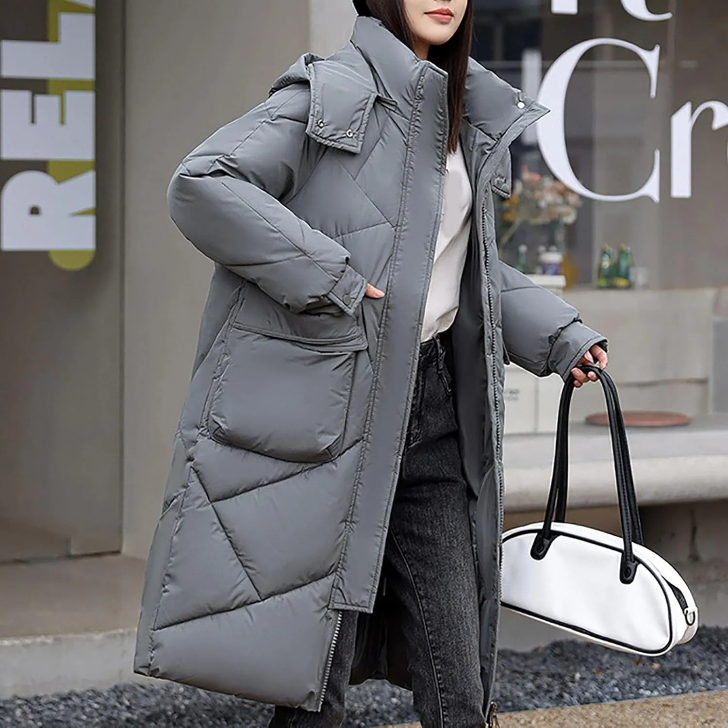 NATHGAM Long Quilted Parka Coat for Women Baggy Thickened Warm Maxi Hooded Puffer Jacket Winter Plus Size Padded Down Coats