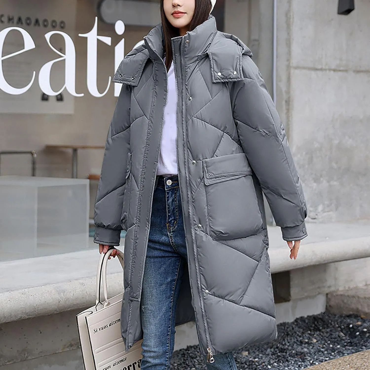 NATHGAM Long Quilted Parka Coat for Women Baggy Thickened Warm Maxi Hooded Puffer Jacket Winter Plus Size Padded Down Coats